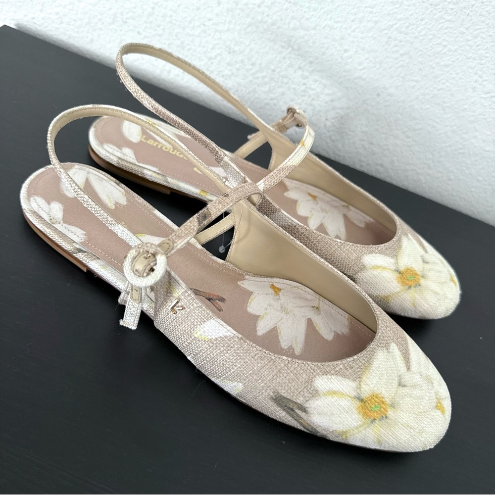 NEW Larroudé Georgina Ballet Flat In Beige Printed Raffia